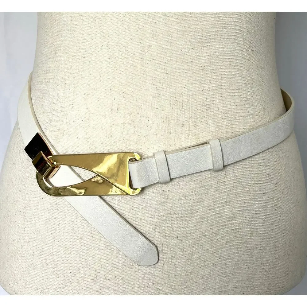 White Faux Leather Belt Gold Prong Buckle Women’s Size L XL Modern Y2K Waist